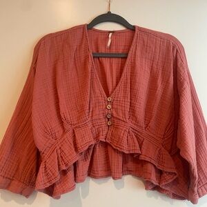 Free People Cropped Flowy Pink Button-Down Top, XS